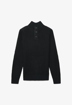Maglione nero a maglia con colletto alto, patta con tre bottoni e polsini a coste. Tessuto testurizzato con una vestibilità classica.