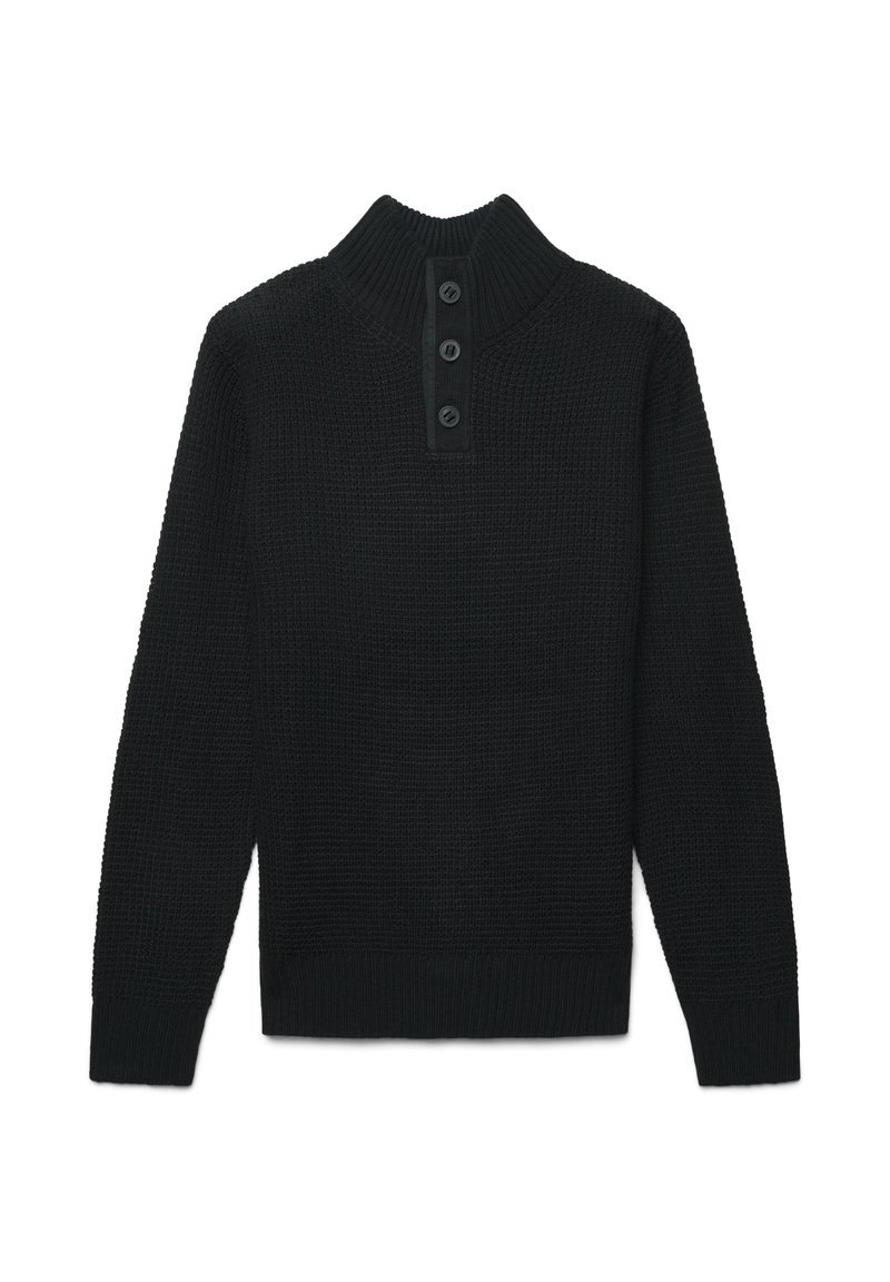 Maglione nero a maglia con colletto alto, patta con tre bottoni e polsini a coste. Tessuto testurizzato con una vestibilità classica.