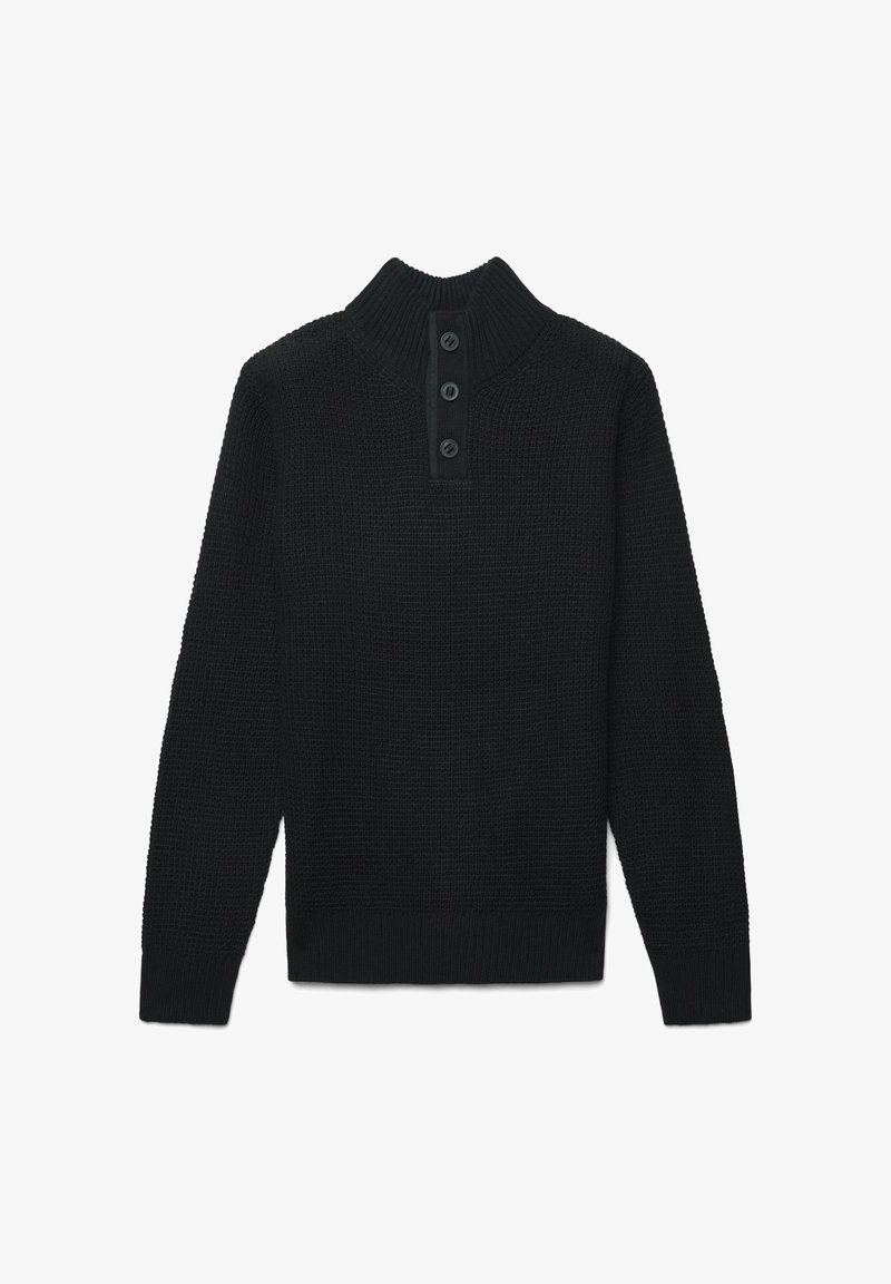 Schwarzer Strickpullover mit hohem Kragen, dreiknöpfiger Knopfleiste und gerippten Bündchen. Strukturiertes Material mit klassischer Passform.