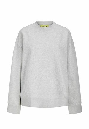 Sweat-shirt gris clair à manches longues, col rond, coupe ample, avec poignets et ourlet côtelés.