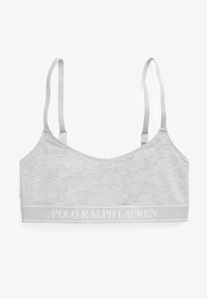 Graue Bralette mit weicher Textur, ausgestattet mit dünnen verstellbaren Trägern und einem gerippten Bund mit "POLO RALPH LAUREN" in Weiß.