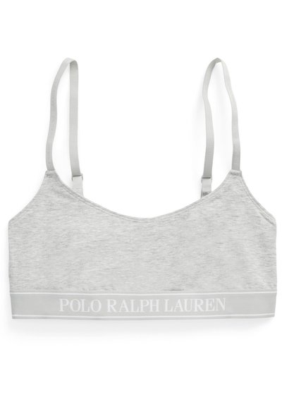 Bralette gris con una textura suave, que presenta tirantes delgados ajustables y una banda acanalada con "POLO RALPH LAUREN" en blanco.