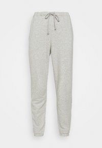 Vaaleanharmaat joogahousut, jotka on valmistettu pehmeästä puuvillaseoksesta. Housuissa on elastinen vyötärö, jossa on säädettävä naru, kapenevat lahkeet ja ribbikankaiset hihnat.