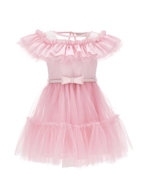 Pink dress featuring a ruffled neckline and short sleeves, with a fitted bodice and layered tulle skirt. Includes a bow accent at the waist.