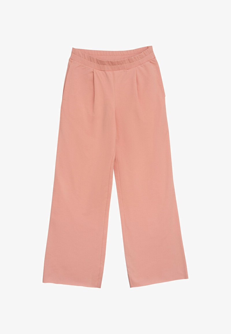 Jasnoróżowe spodnie o szerokich nogawkach z płaskim paskiem w talii i subtelnymi detalami w postaci zakładek. Wykonane z gładkiego, miękkiego materiału; luźny, swobodny krój.