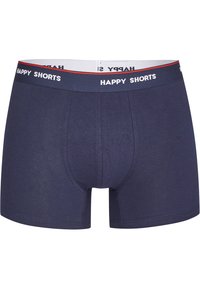 Boxer shorts in cotone blu con una cintura bianca che presenta il testo "HAPPY SHORTS" in nero, accentuato da una striscia rossa. Design su misura con una vestibilità comoda.