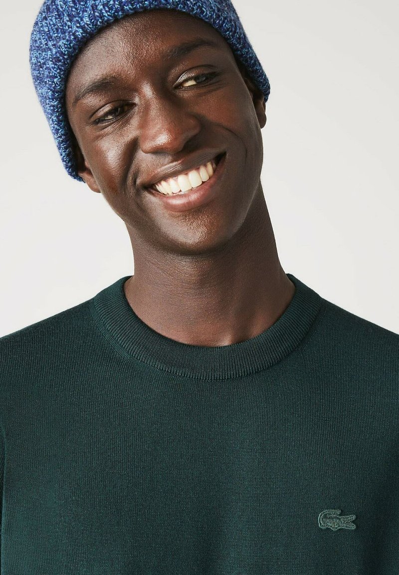 Pull en maille vert avec un col rond et un tissu texturé, arborant un petit logo Lacoste vert sur la poitrine. Bonnet en maille bleu.