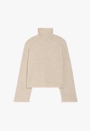 Beige ribbestrikket turtleneck-genser med lange ermer og en tettsittende design, med høj krave og et teksturert strikkemønster.