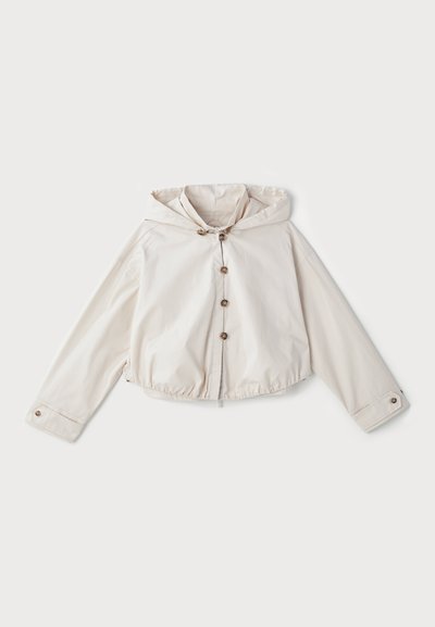 Light beige cropped jacket with a hood, front button closure, long sleeves, and elastic hemline. Features brown buttons and a smooth texture.