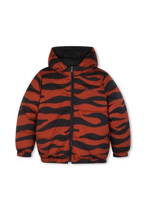 Giacca imbottita con cappuccio con motivo a strisce da tigre nere e arancioni scure, zip frontale, polsini elastici e piccolo logo "Kenzo" sul petto.
