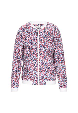 Blomstret bomberjakke med et mønster i røde, hvide og blå farver, lynlås fortil samt hvide ribbede manchetter og kant. Lavet af letvægtsstof.
