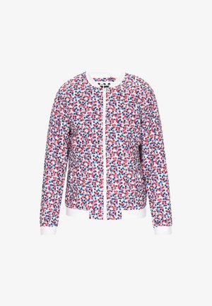 Blomstret bomberjakke med et mønster i røde, hvide og blå farver, lynlås fortil samt hvide ribbede manchetter og kant. Lavet af letvægtsstof.