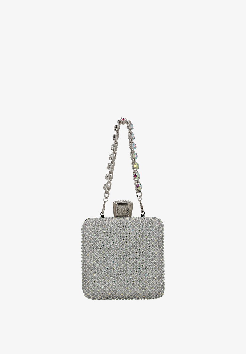 Négyzet alakú ezüst női táska texturált felülettel, gyémántmintával és gyöngyözött láncpánttal. A felső záró rész kristályokkal díszített.