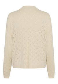 Cardigan en tricot beige à coupe confortable, avec un motif en diamant de trous sur l'ensemble et des poignets et un ourlet côtelés.