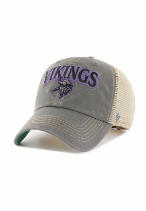 Gray and beige baseball cap with purple "VIKINGS" text and a Viking head logo embroidered on the front, mesh back panel visible.