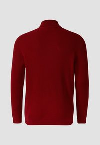 Czerwony prążkowany sweter z wysokim kołnierzem, długimi rękawami i teksturowanym wzorem dzianiny. Gładki dół z dopasowanym krojem. Widok od tyłu.