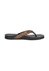 Black flip-flop sandal featuring a sparkly bronze glitter strap and a smooth textured footbed. Lightweight with a flexible sole.