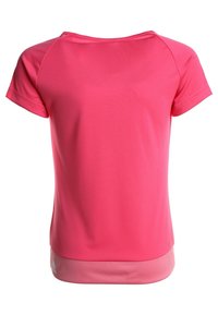 Rosa sport-T-shirt med korta ärmar, tillverkad av mjukt, lätt material. Har en rundad halsringning och en något längre nederkant baktill.