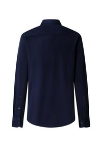 Marineblauw overhemd met lange mouwen en knopen, voorzien van een klassieke kraag, gladde textuur en knoopmanchetten; achteraanzicht toont een rechte, getailleerde pasvorm.