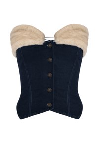 Dark blue denim corset with a beige faux fur neckline, featuring six bronze buttons down the front and lacing at the back.