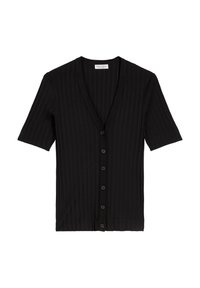 Cardigan negro de manga corta acanalado con cuello en V y siete botones en la parte delantera. Hecho de un tejido texturizado, los detalles incluyen sutiles rayas verticales.