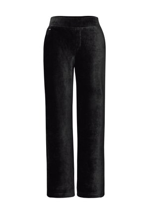 Schwarze Cord-Hose mit weitem Bein und elastischem Bund, ohne sichtbare Taschen oder Verzierungen, auf weißem Hintergrund dargestellt.