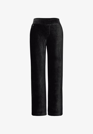 Černé široké kalhoty z manšestru s elastickým pasem, bez viditelných kapes nebo ozdob, zobrazené na bílém pozadí.