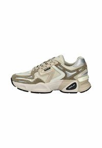 Leichte Sneaker in den Farbtönen Beige, Grau und Creme. Verfügt über Wildleder- und Mesh-Einsätze, strukturierte Akzentdetails und eine kontrastierende schwarze Sohle.