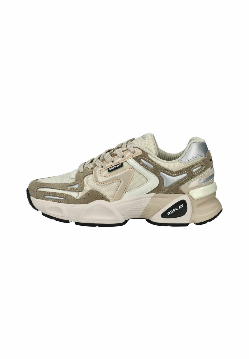 Leichte Sneaker in den Farbtönen Beige, Grau und Creme. Verfügt über Wildleder- und Mesh-Einsätze, strukturierte Akzentdetails und eine kontrastierende schwarze Sohle.