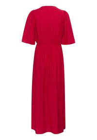 Robe maxi rouge avec des manches courtes et bouffantes ; taille élastique ; tissu lisse et léger ; couleur unie sans motifs ni ornements.