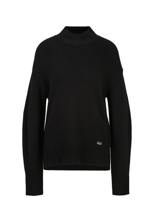 Schwarzer Strickpullover mit langen Ärmeln, gerippten Bündchen, Saum und Stehkragen, mit kleinem goldenen Logo nahe dem unteren Saum.