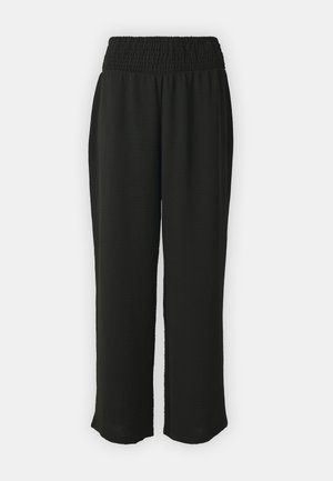 Pantalons noirs à jambes larges en tissu texturé. Ceinture smockée élastique. Pas de poches ni de fermetures visibles. Coupe droite jusqu'à la cheville.