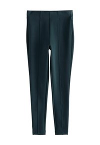Námořnické modré slim-fit kalhoty s předními záhyby a hladkým pasem, vystavené ploché na bílém pozadí.