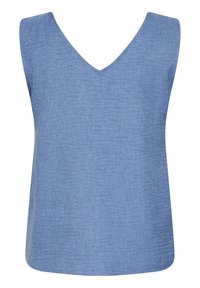 Top senza maniche di colore azzurro chiaro con scollatura a V, realizzato in un tessuto testurizzato. Taglio dritto senza chiusure o decorazioni visibili.