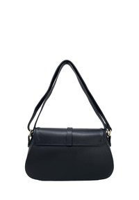 Czarna skórzana torebka w kształcie prostokąta z zapięciem na złożenie. Posiada długi uchwyt i teksturowane wykończenie. Złote akcenty z metalu.