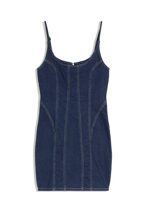Temno modra mini obleka iz jeansa z tankimi nastavljivimi naramnicami in vidnimi kontrastnimi šivi po sprednji strani in ob straneh.