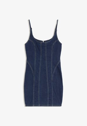 Tmavomodré mini šaty z denimu s tenkými nastaviteľnými ramienkami a viditeľnými kontrastnými švami spredu a po bokoch.