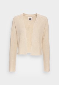 Beige verkürzter Cardigan aus gestricktem Stoff mit offenem Vorderteil und langen Ärmeln, ausgestattet mit einem strukturierten, lockeren Webdesign.