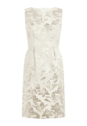 Sleeveless knee-length white dress with silver floral pattern, V-neckline, fitted waist, and back zipper closure.