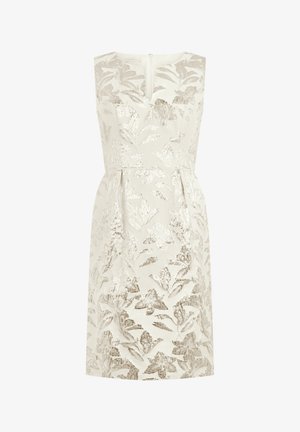Sleeveless knee-length white dress with silver floral pattern, V-neckline, fitted waist, and back zipper closure.