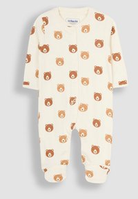 Body per bambini di colore crema chiaro realizzato in morbido cotone, decorato con vari visi di orsetti bruni, con maniche lunghe e chiusure a scatto.