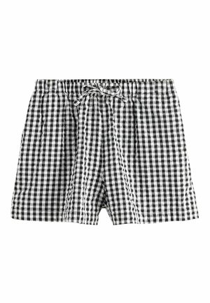 Schwarz-weiß karierte Stoffshorts mit elastischem Bund und vorderem Kordelzug.