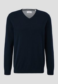 Marineblaues V-Ausschnitt-Sweatshirt mit langen Ärmeln, gestrickter Textur, gerippten Bündchen und Saum, mit einem kleinen Markenlogo auf der Brust.