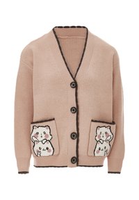 Rosa ribbad cardigan med V-hals, fem svarta knappar och två framfickor som har stickade hamstrar med rosa accenter. Bruna kanter vid sidorna.