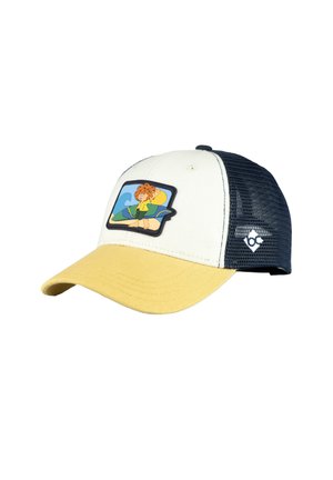 Baseball cap with yellow brim, white front, and black mesh back, featuring a colorful cartoon character patch on the front panel.