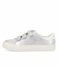Silver metallic sneaker with three velcro straps, rounded toe, white rubber sole, and subtle perforated detailing on the side.