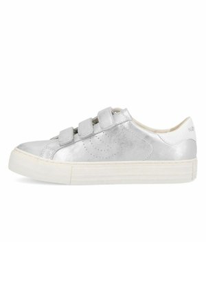 Silver metallic sneaker with three velcro straps, rounded toe, white rubber sole, and subtle perforated detailing on the side.