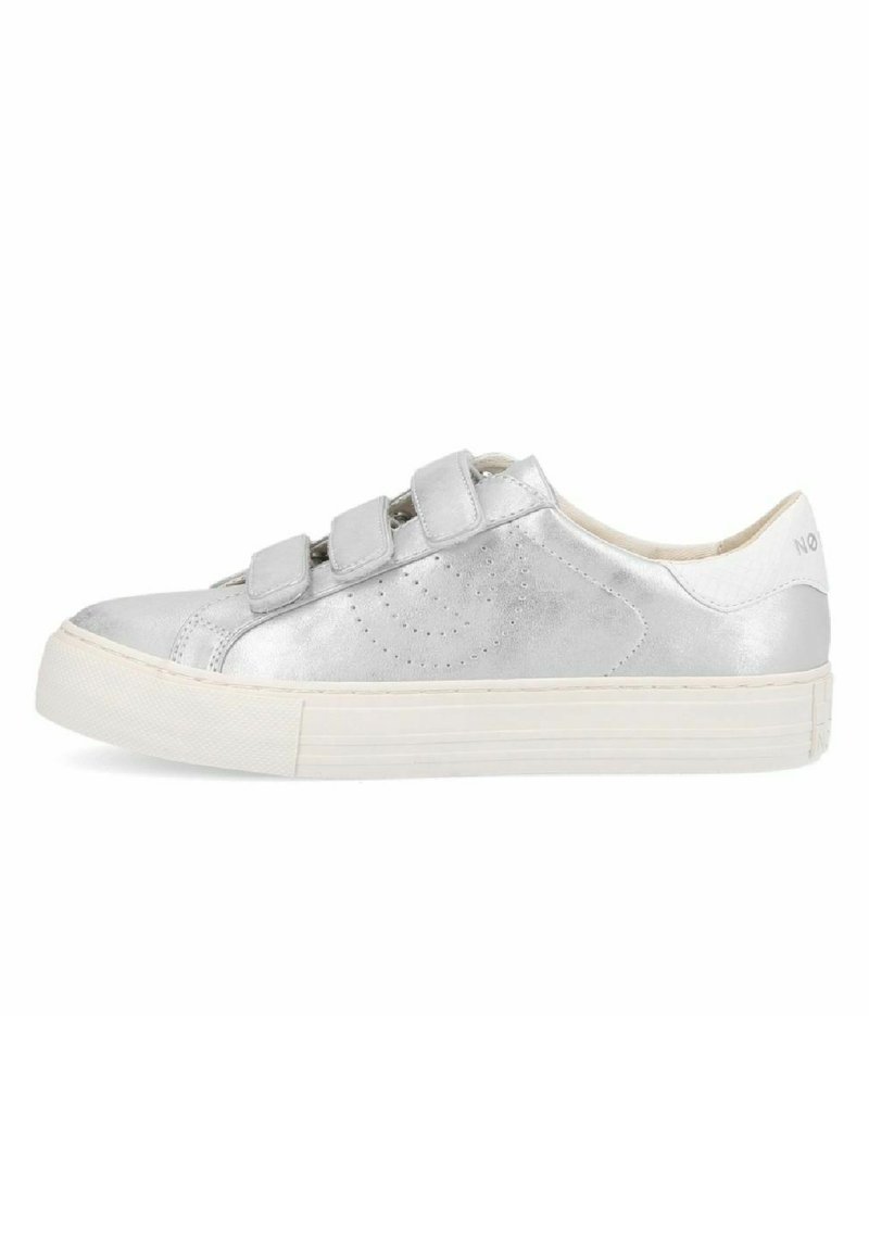 Silver metallic sneaker with three velcro straps, rounded toe, white rubber sole, and subtle perforated detailing on the side.