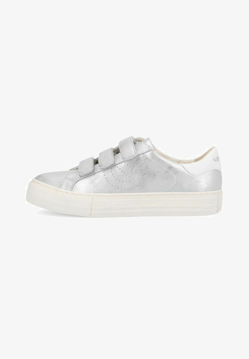 Silver metallic sneaker with three velcro straps, rounded toe, white rubber sole, and subtle perforated detailing on the side.