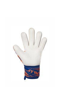 Guanto da portiere con palmo in lattice bianco, polsino in tessuto blu e arancione, e motivo di presa testurizzato sul lato esterno.